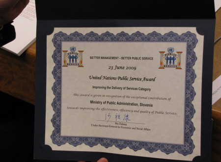 Nagrada United Nations Public Service Award (UNPSA 2009)